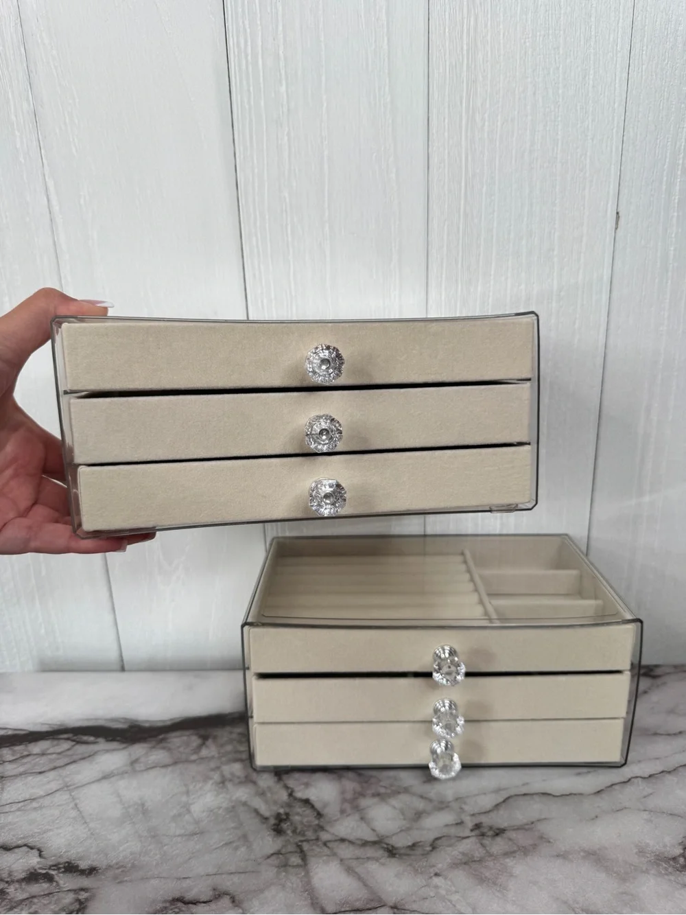 Acrylic Beige Velvet Jewelry Organizer with Crystal Knobs - 3 Drawer | Lot of 2